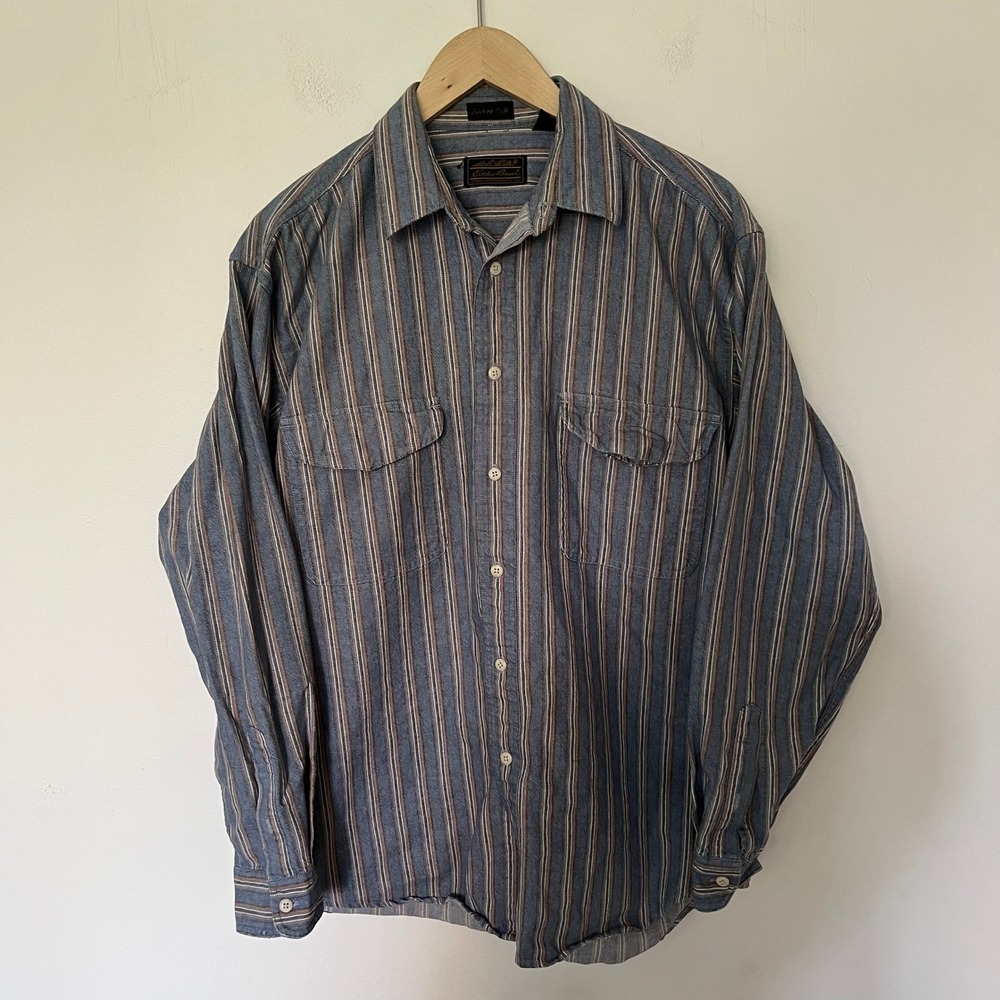 Eddie Bauer Elkhorn Twill Mens Medium Blue Striped Long Sleeve Button Down Shirt